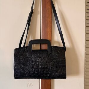 Black Croc-Embossed Shoulder Bag with Top Handle